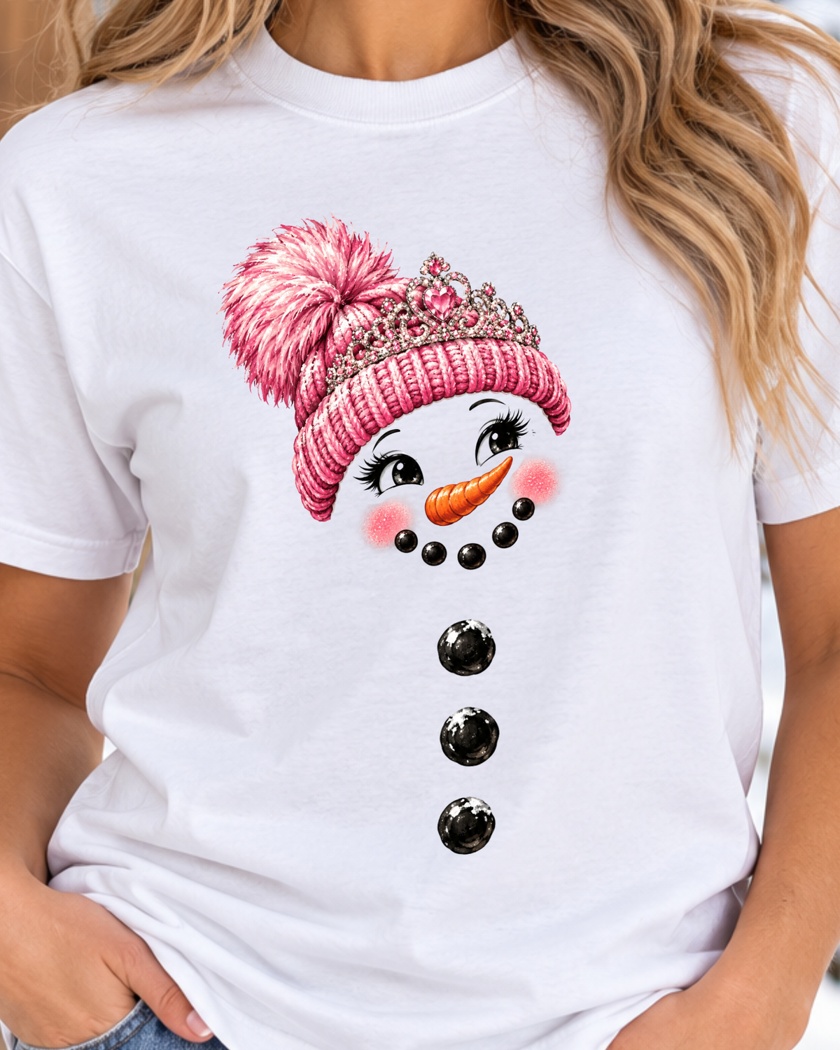 Pink Snowman Face T-Shirt | Cute Christmas Graphic Tee