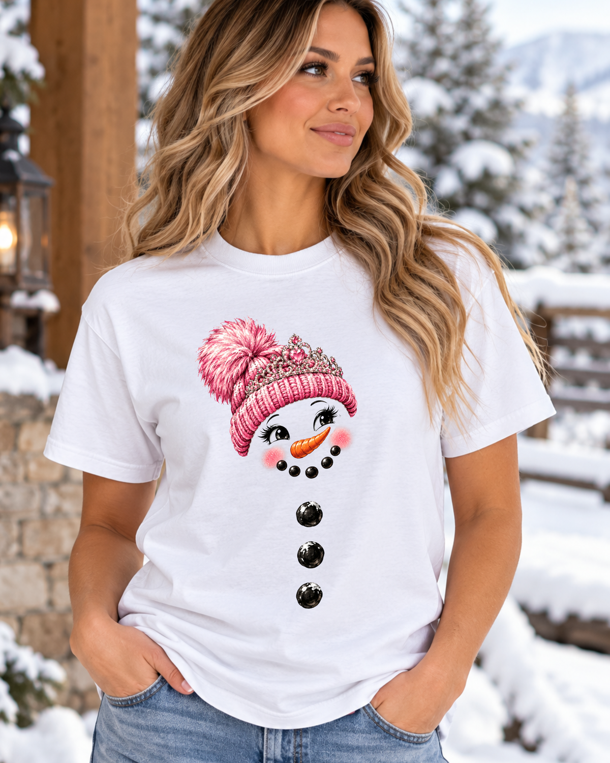 Pink Snowman Face T-Shirt | Cute Christmas Graphic Tee