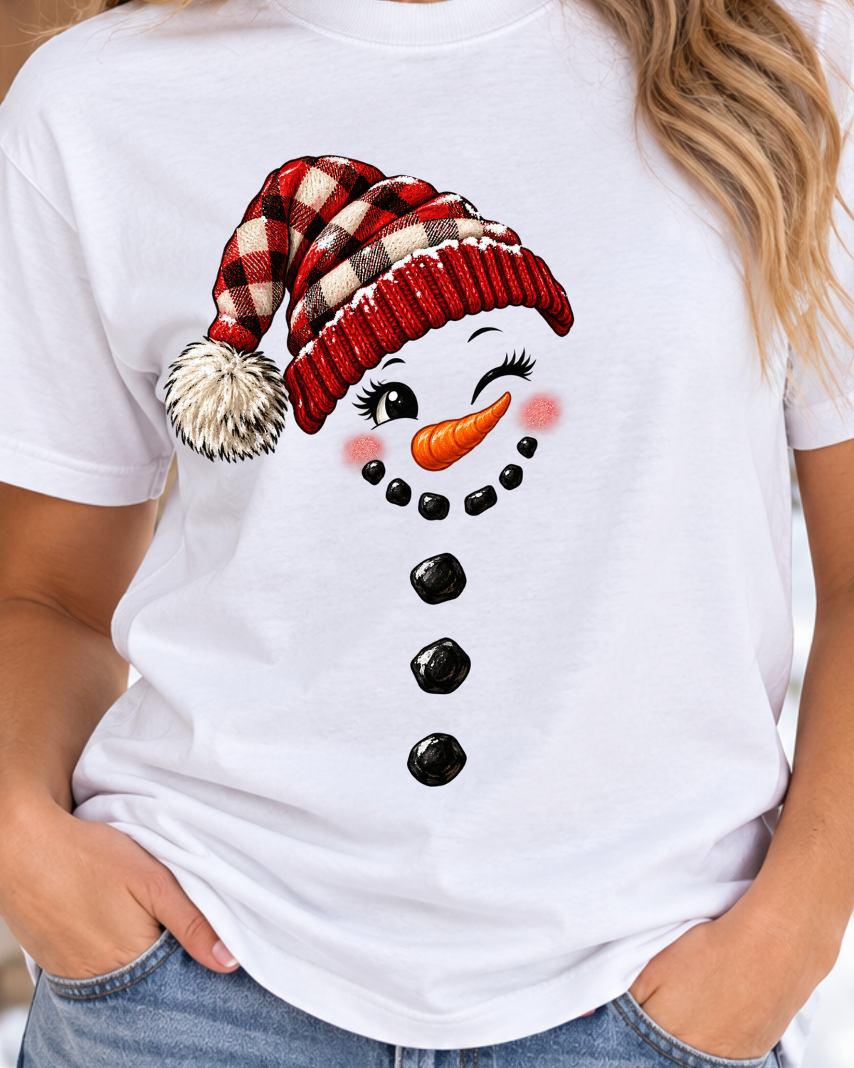 Plaid Beanie Snowman Face T-Shirt | Christmas Graphic Tee