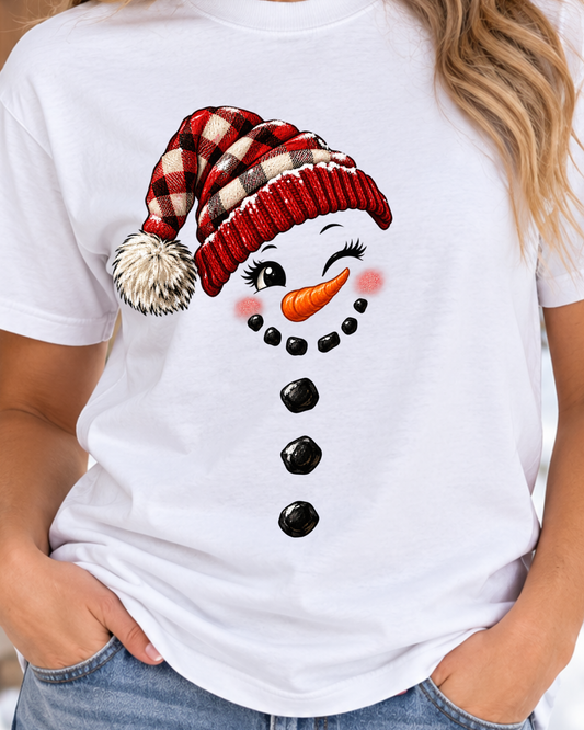 Plaid Beanie Snowman Face T-Shirt | Christmas Graphic Tee