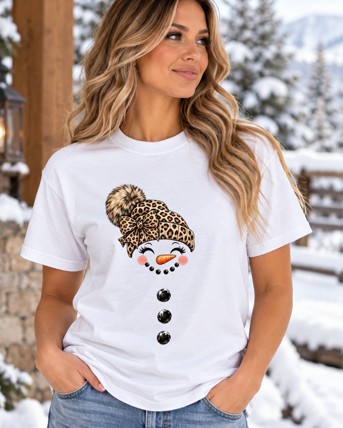 Leopard Print Snowwoman Face T-Shirt | Cute Christmas Graphic Tee