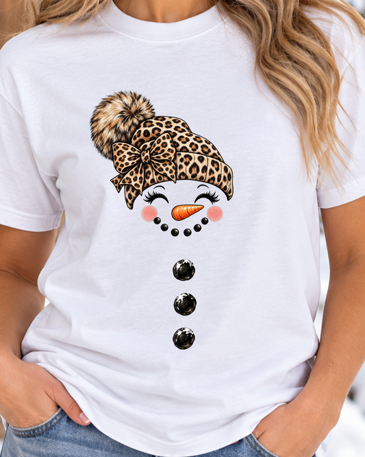 Leopard Print Snowwoman Face T-Shirt | Cute Christmas Graphic Tee
