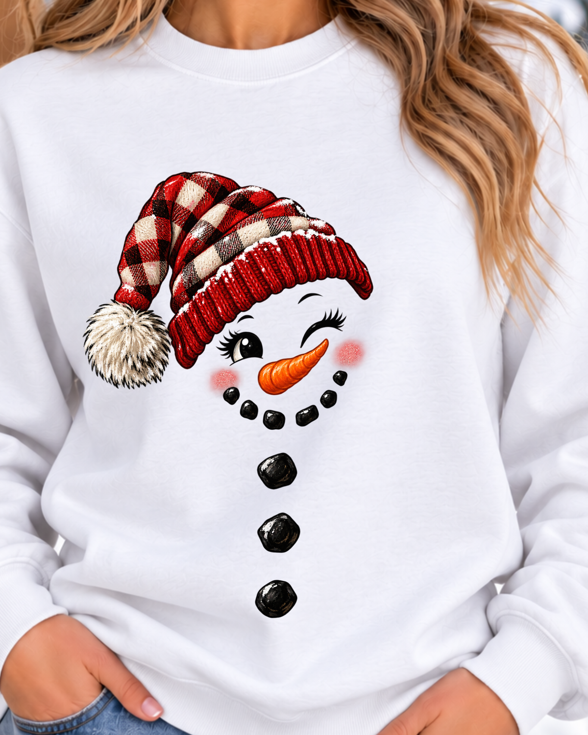Snowman Face Red Plaid Hat Crewneck Sweatshirt