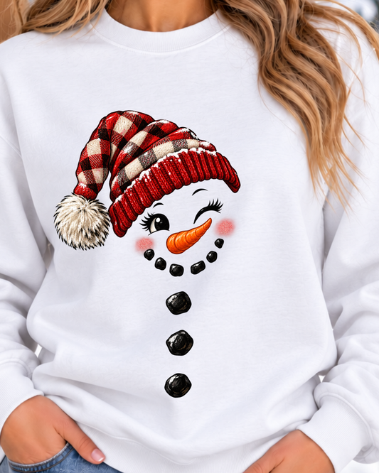 Snowman Face Red Plaid Hat Crewneck Sweatshirt