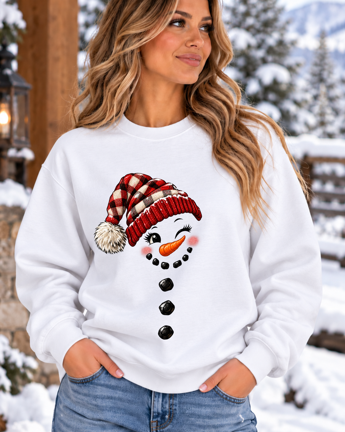 Snowman Face Red Plaid Hat Crewneck Sweatshirt