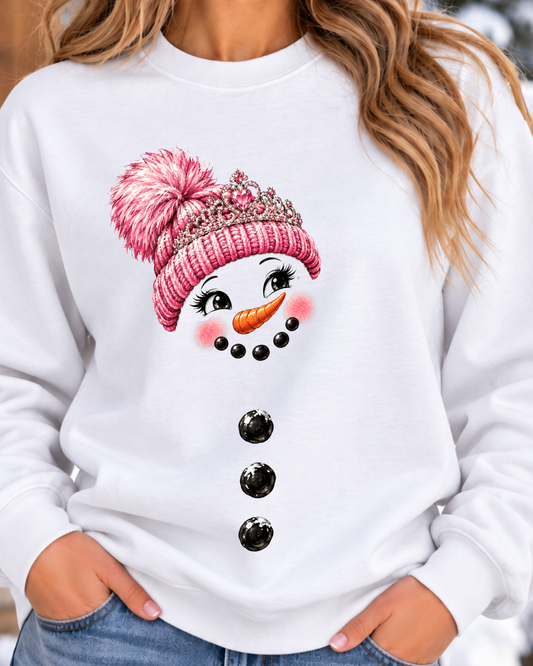 Pink Tiara Snowman Face Crewneck Sweatshirt