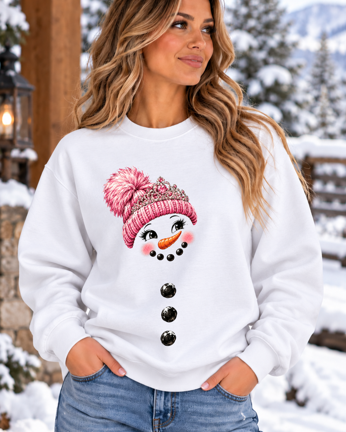 Pink Tiara Snowman Face Crewneck Sweatshirt