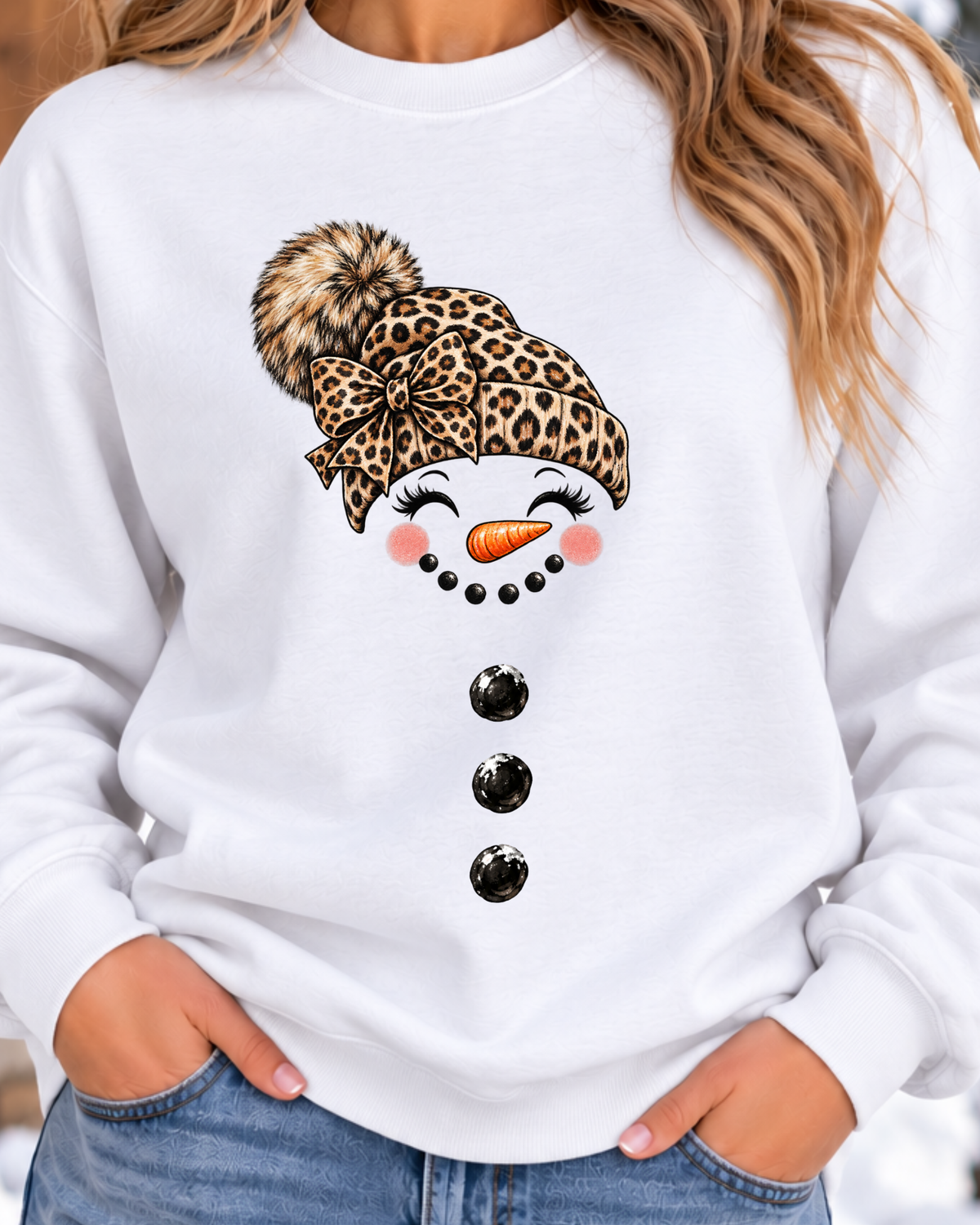 Leopard Print Hat Snowman Face Crewneck Sweatshirt