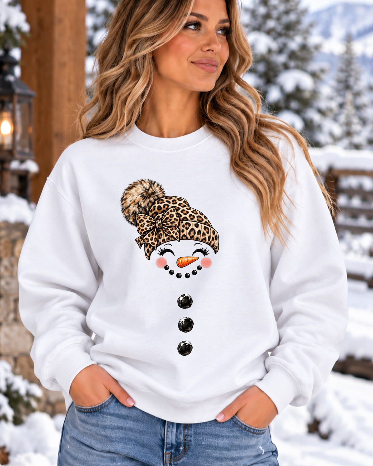 Leopard Print Hat Snowman Face Crewneck Sweatshirt
