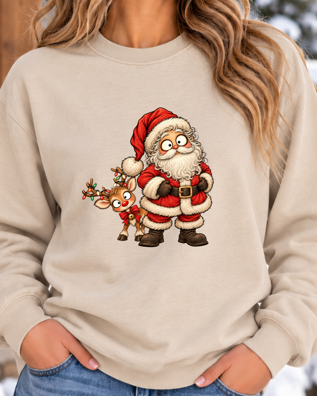 Vintage Santa & Reindeer Christmas Sweatshirt | Cute Retro Holiday Crewneck
