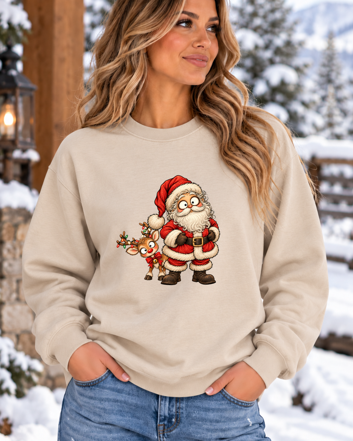 Vintage Santa & Reindeer Christmas Sweatshirt | Cute Retro Holiday Crewneck