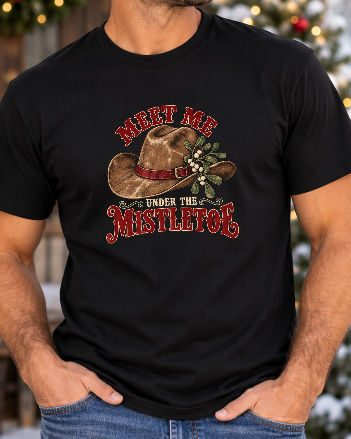 Meet Me Under the Mistletoe Western Christmas Graphic T-Shirt