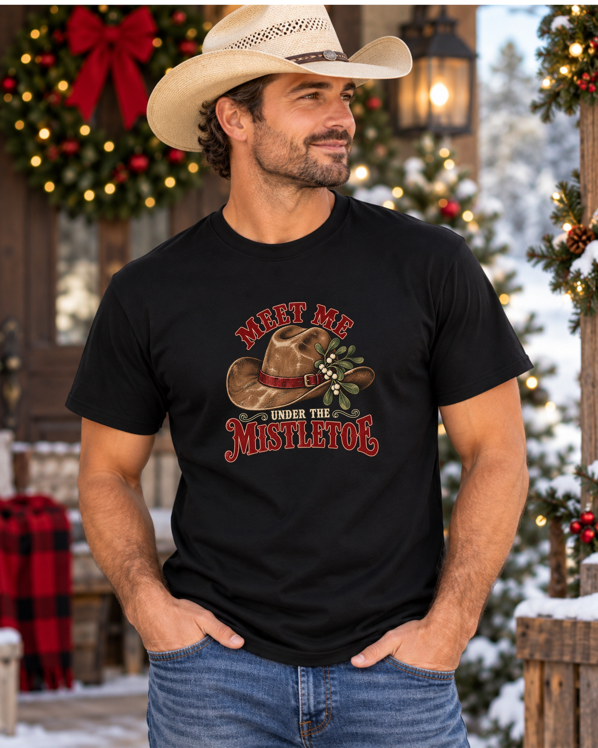 Meet Me Under the Mistletoe Western Christmas Graphic T-Shirt
