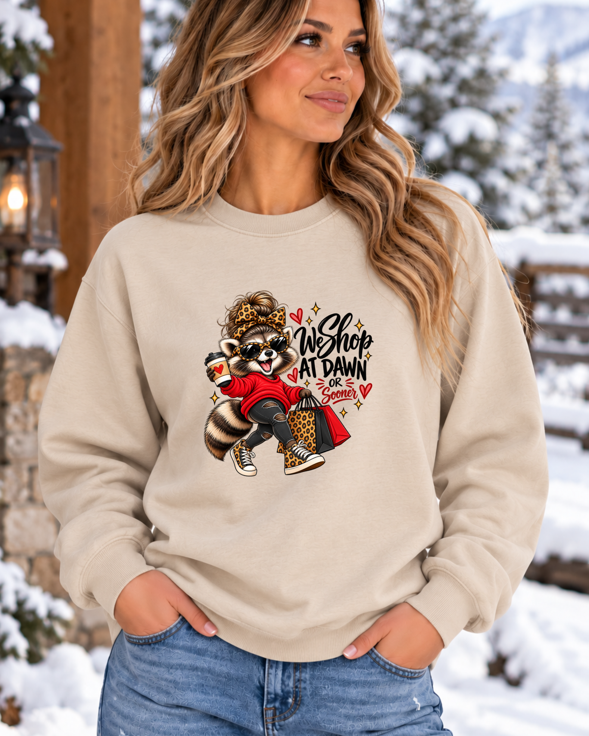 We Shop at Dawn Raccoon Sweatshirt | Funny Black Friday Crewneck