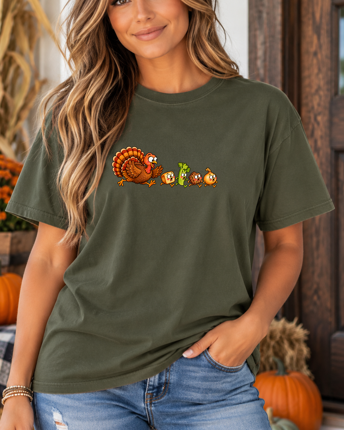Turkey Chasing Stuffing Thanksgiving Tee | Comfort Colors 1717