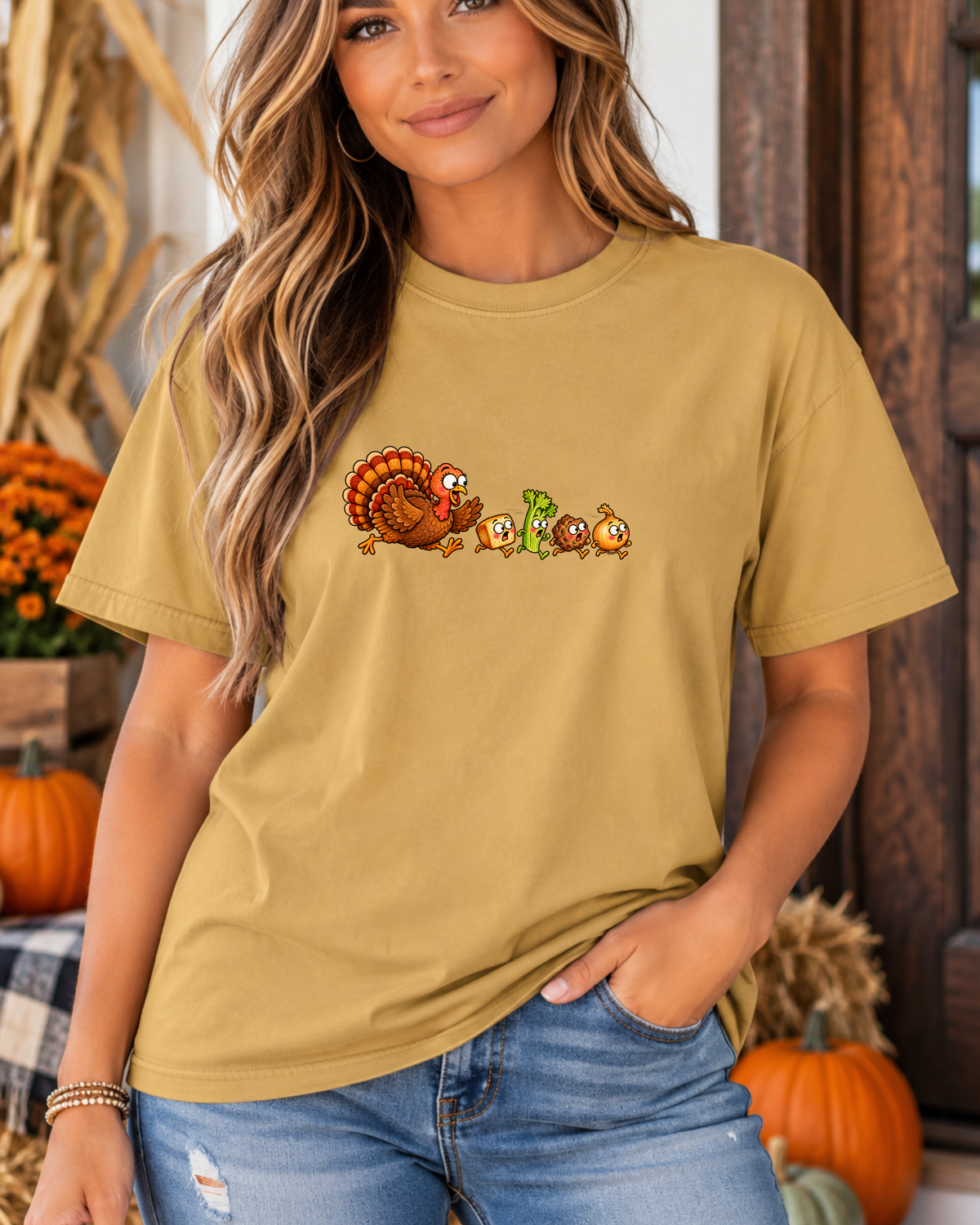 Turkey Chasing Stuffing Thanksgiving Tee | Comfort Colors 1717