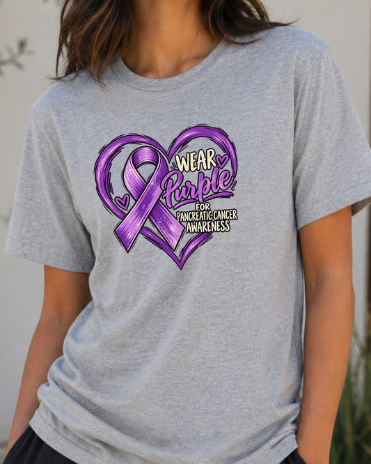 Wear Purple Pancreatic Cancer Awareness T-Shirt | Purple Ribbon Heart Graphic Tee