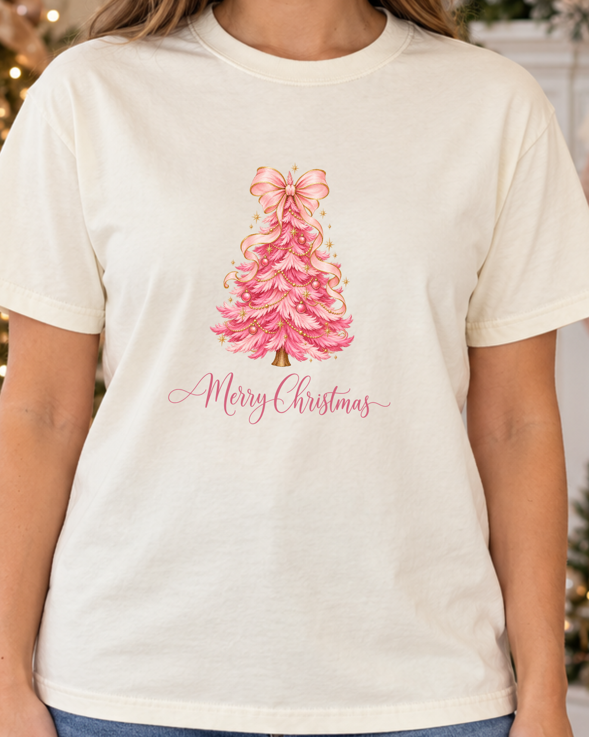 Pink Christmas Tree Graphic Tee | Merry Christmas Comfort Colors Shirt