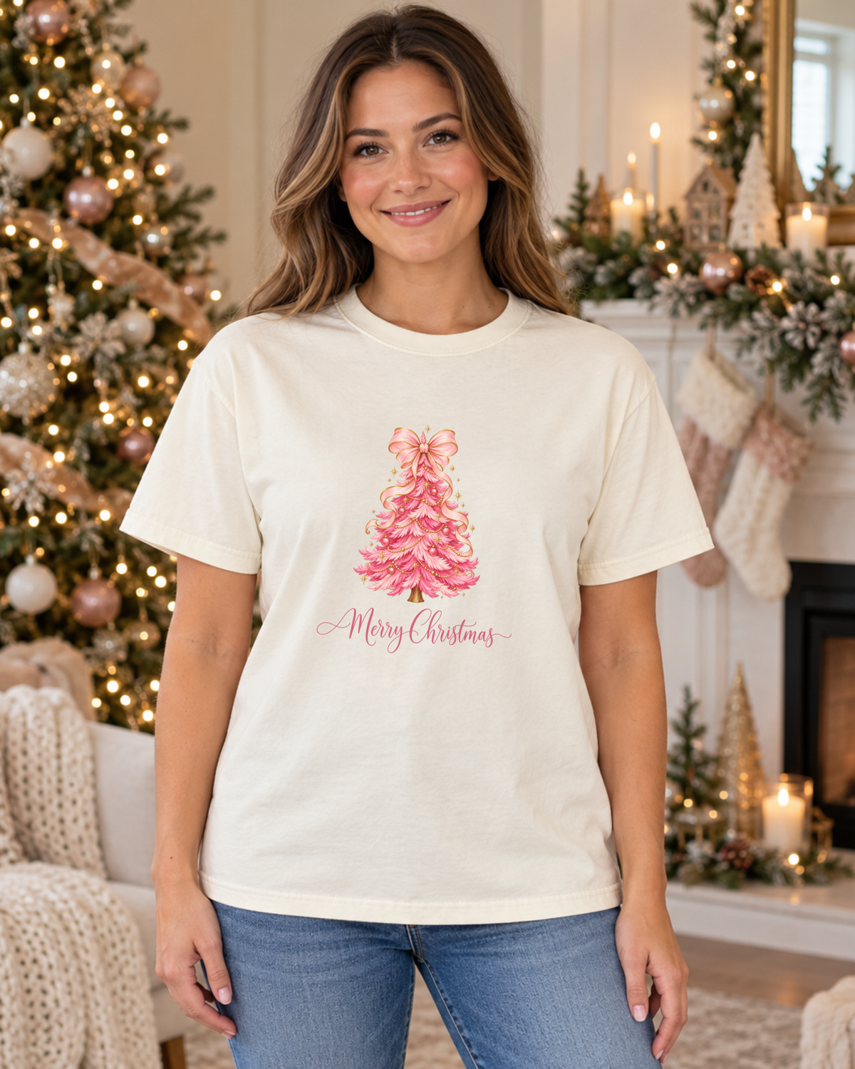 Pink Christmas Tree Graphic Tee | Merry Christmas Comfort Colors Shirt