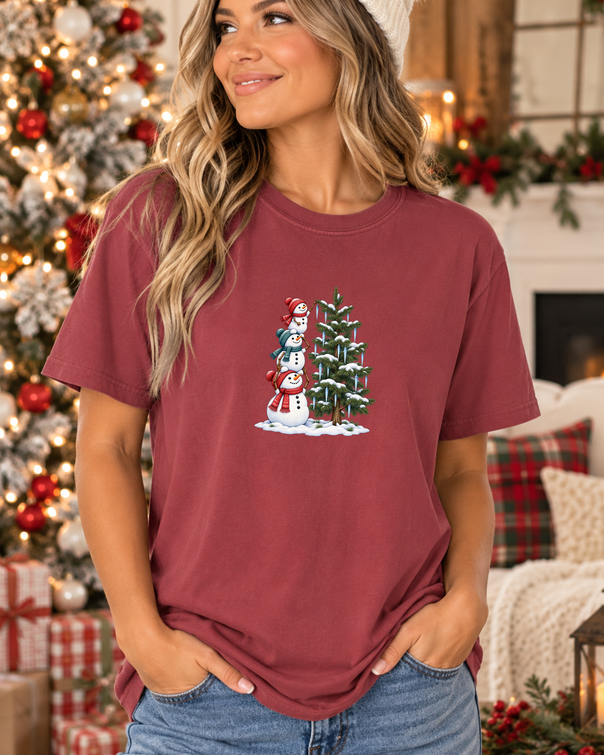 Snowmen Decorating Christmas Tree Graphic Tee | Cute Holiday Shirt