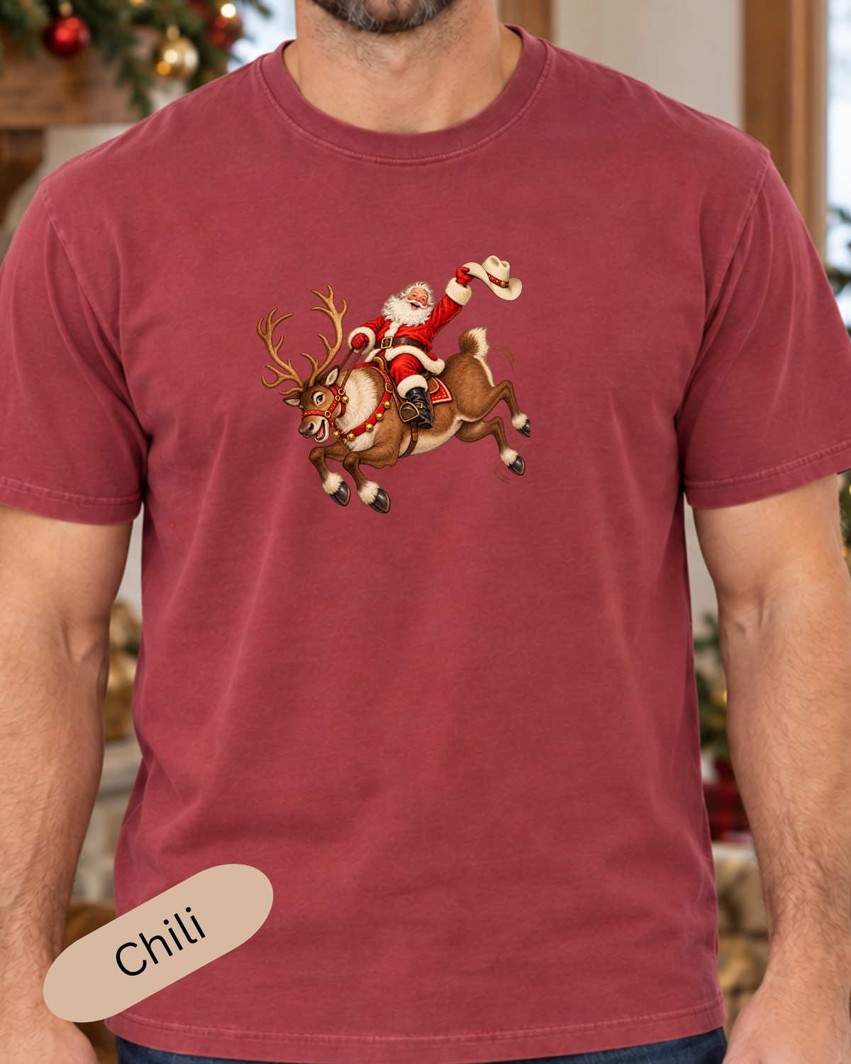 Santa Riding a Bucking Reindeer Graphic Tee | Western Christmas Shirt