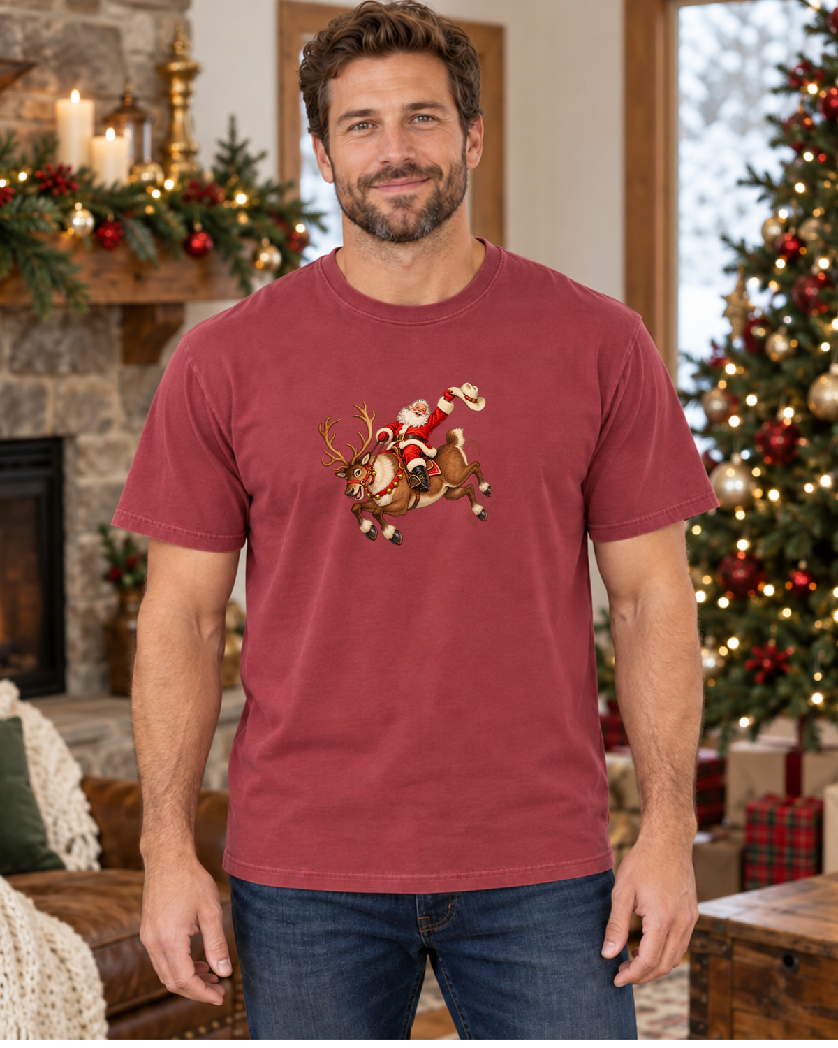 Santa Riding a Bucking Reindeer Graphic Tee | Western Christmas Shirt