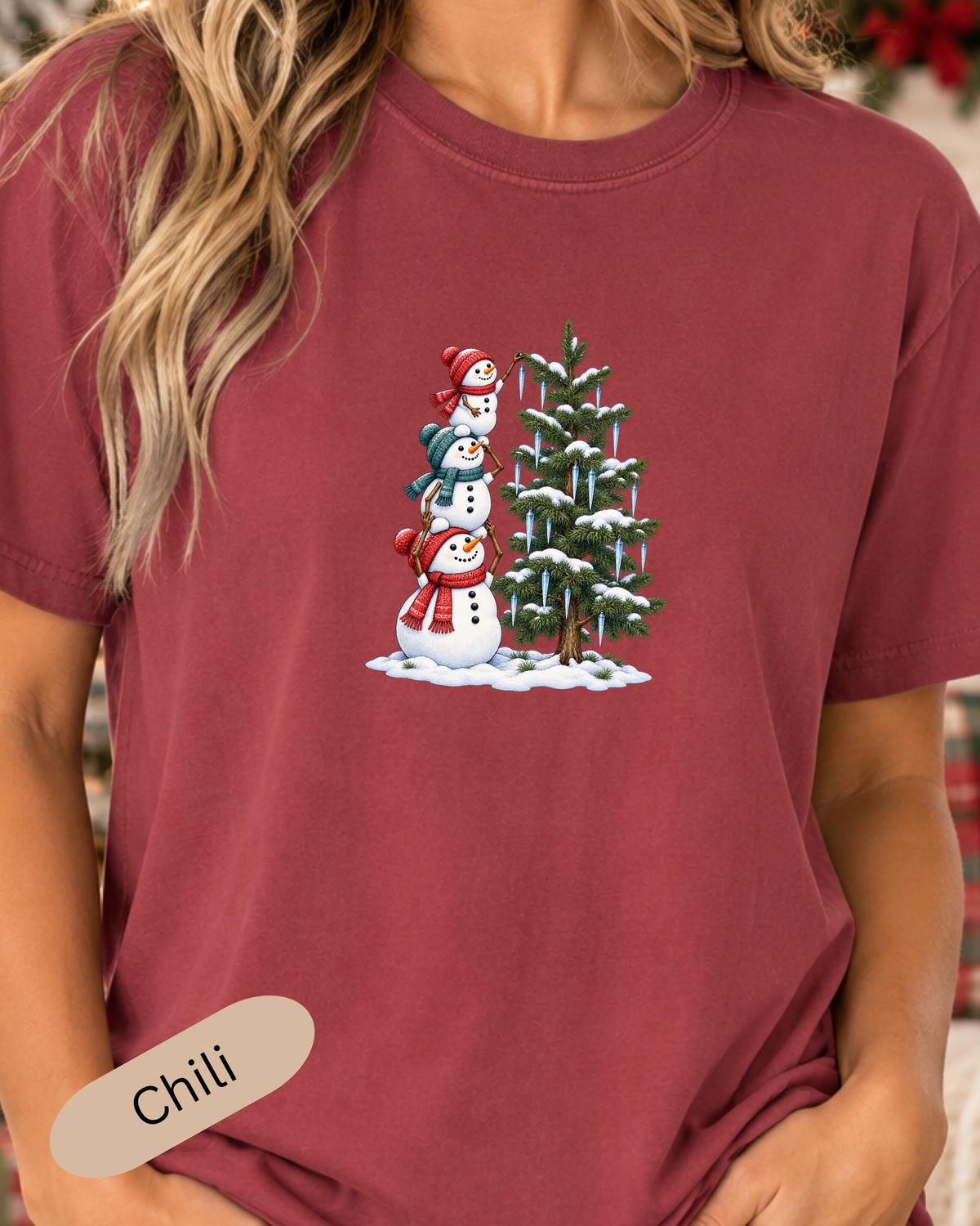 Snowmen Decorating Christmas Tree Graphic Tee | Cute Holiday Shirt