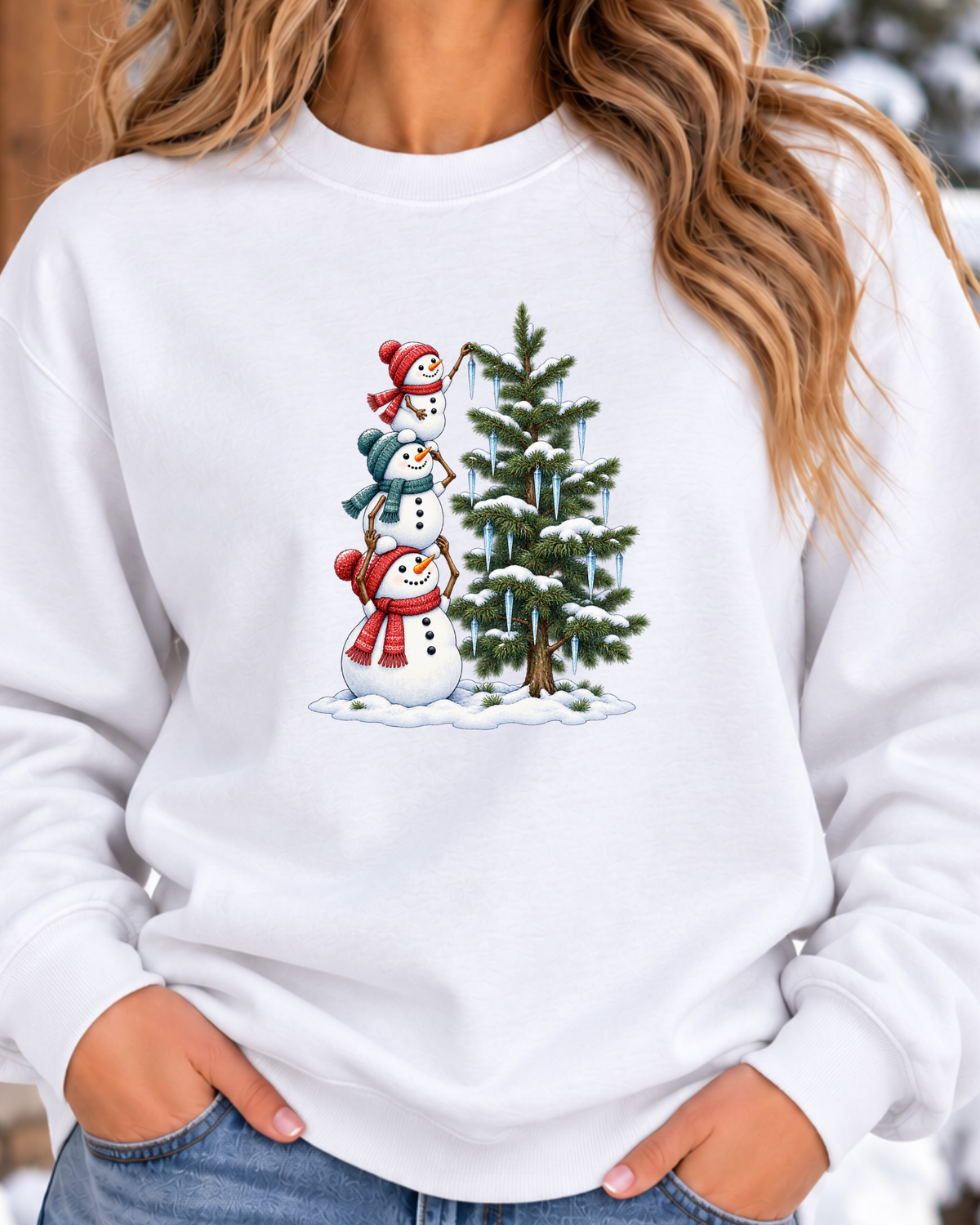 Snowmen Decorating Christmas Tree Sweatshirt | Cute Holiday Crewneck
