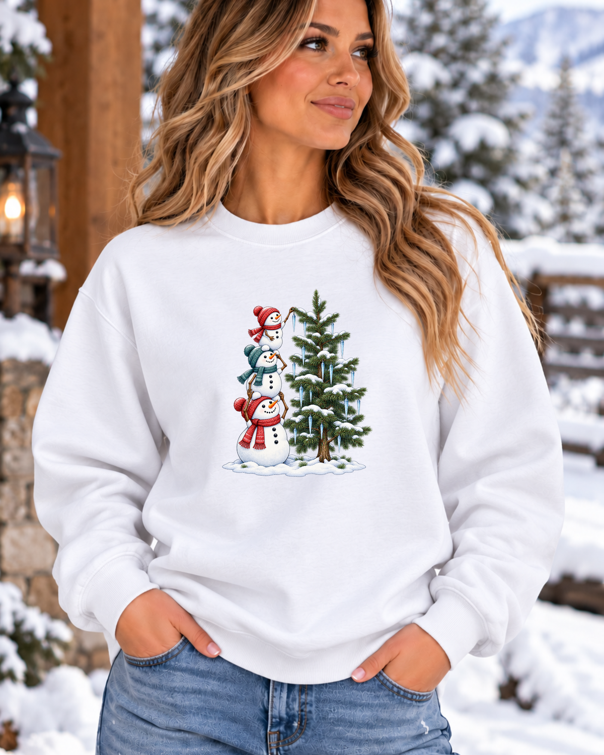 Snowmen Decorating Christmas Tree Sweatshirt | Cute Holiday Crewneck