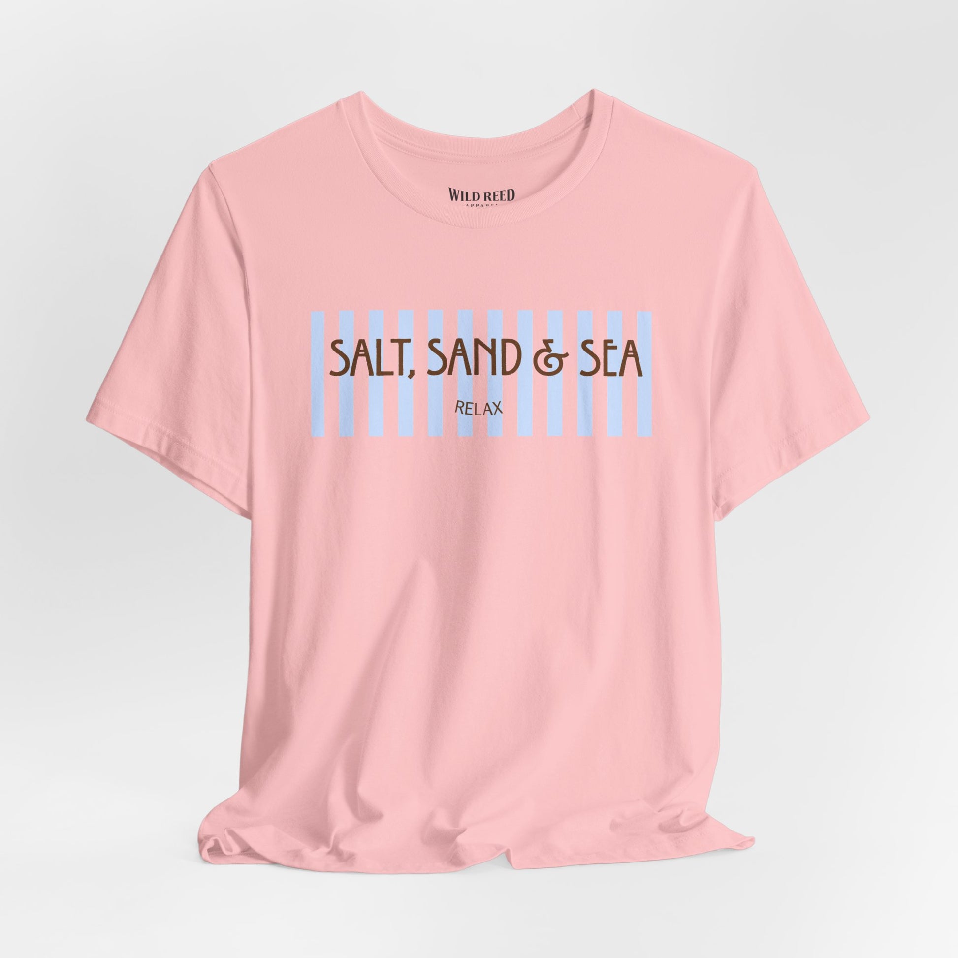Pink Salt, Sand & Sea beach graphic tee featuring light blue stripes and brown vintage-inspired lettering.