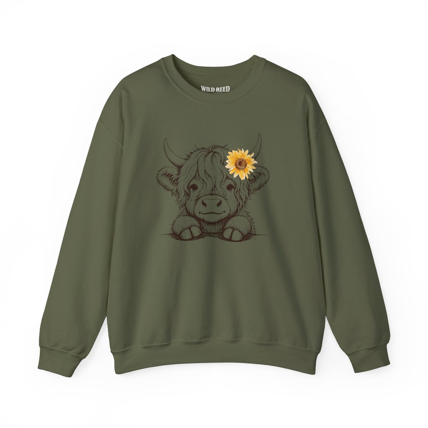 Baby Highland Cow Sunflower Sweatshirt | Cute Country Crewneck | Gildan 18000 | Wild Reed Apparel