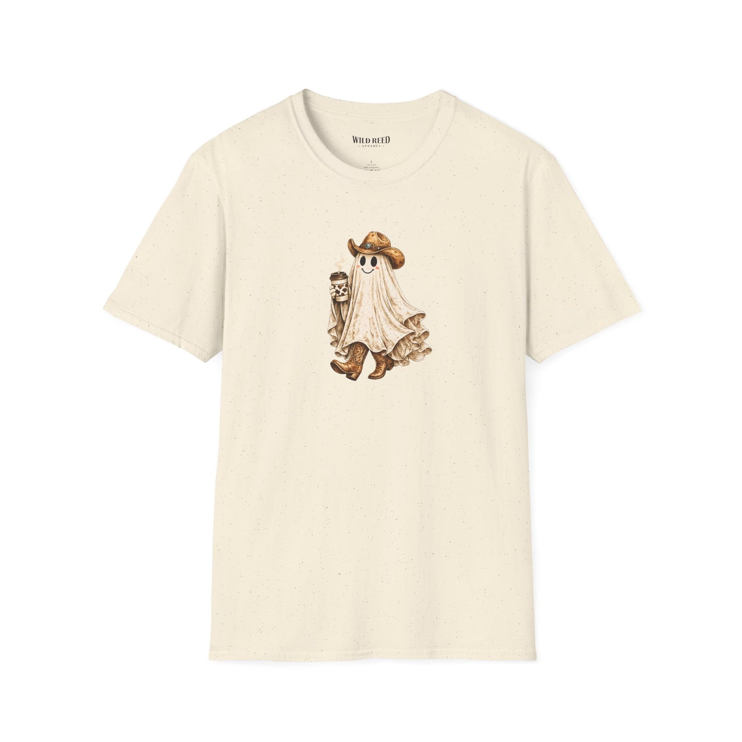 Vintage western ghost graphic on a natural t-shirt featuring a smiling ghost in a cowboy hat and cowboy boots holding a cow print coffee cup.