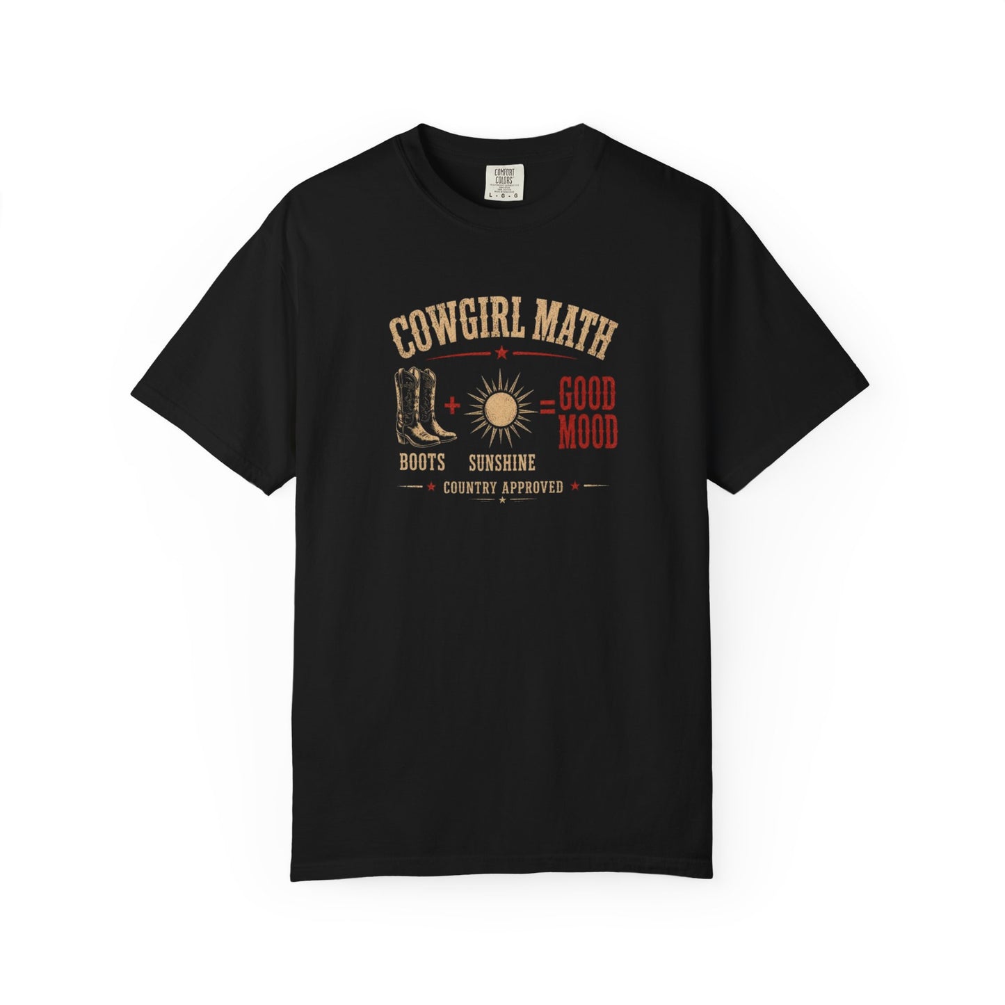 Cowgirl Math graphic tee with boots and sunshine western design in black