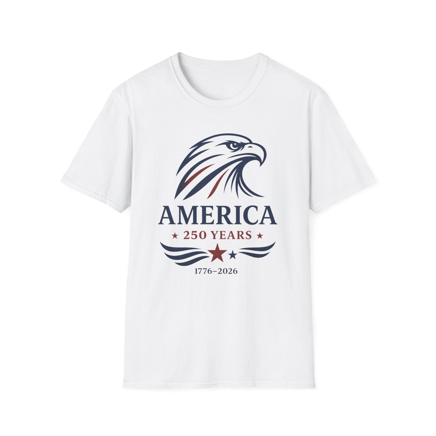 Vintage America 250 eagle graphic printed on a patriotic white unisex t-shirt featuring a 1776-2026 commemorative design.