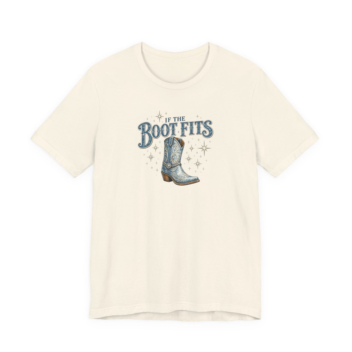 Beige t-shirt with blue cowboy boot graphic and text on a white background