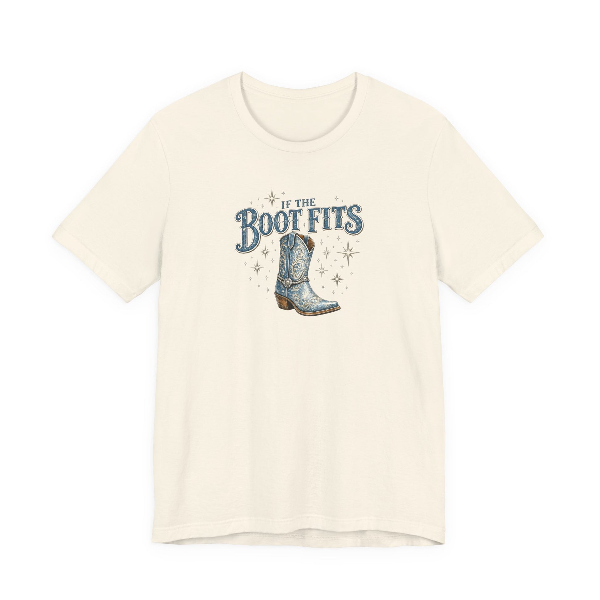 Beige t-shirt with blue cowboy boot graphic and text on a white background