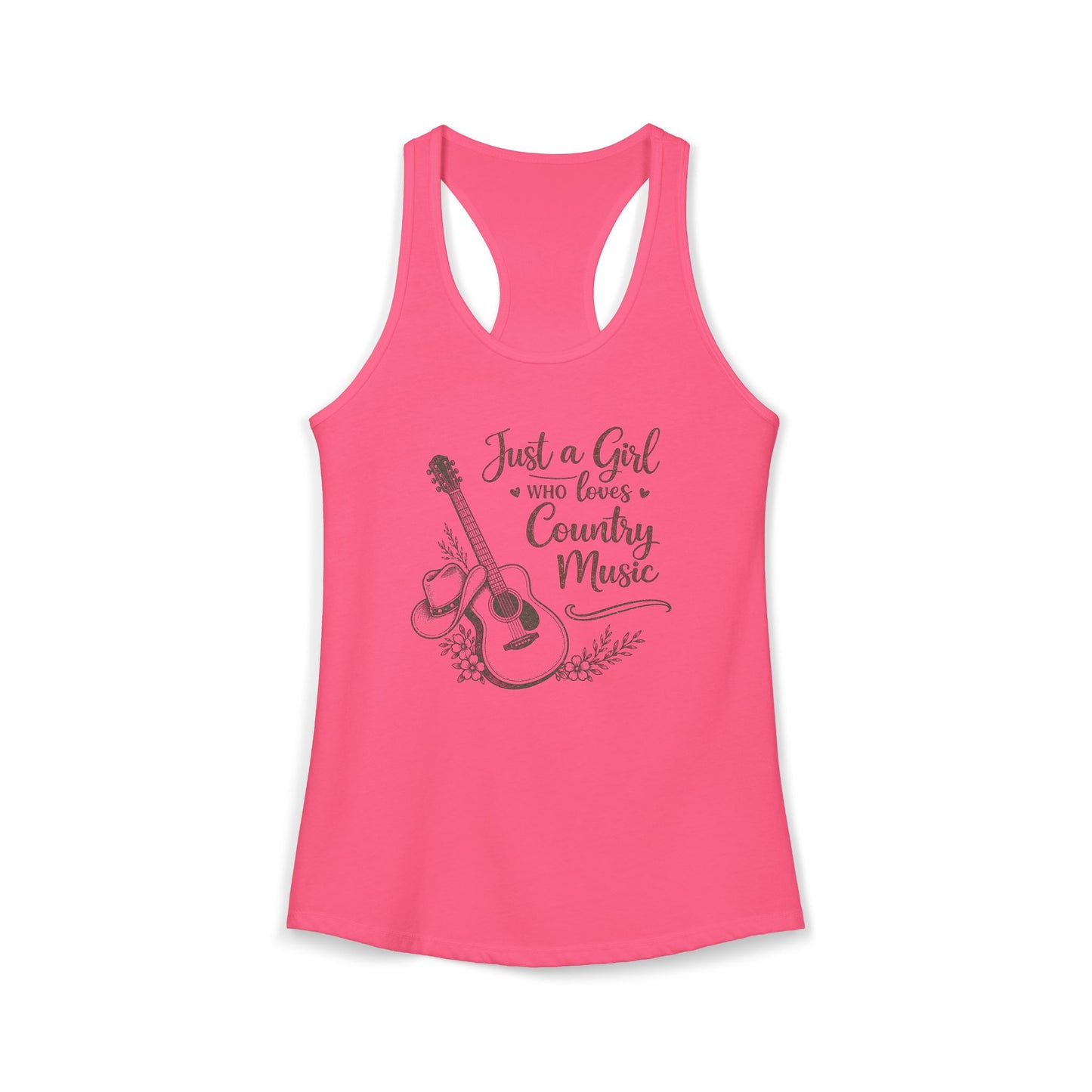 Pink racerback tank top with vintage Just a Girl Who Loves Country Music western guitar graphic 