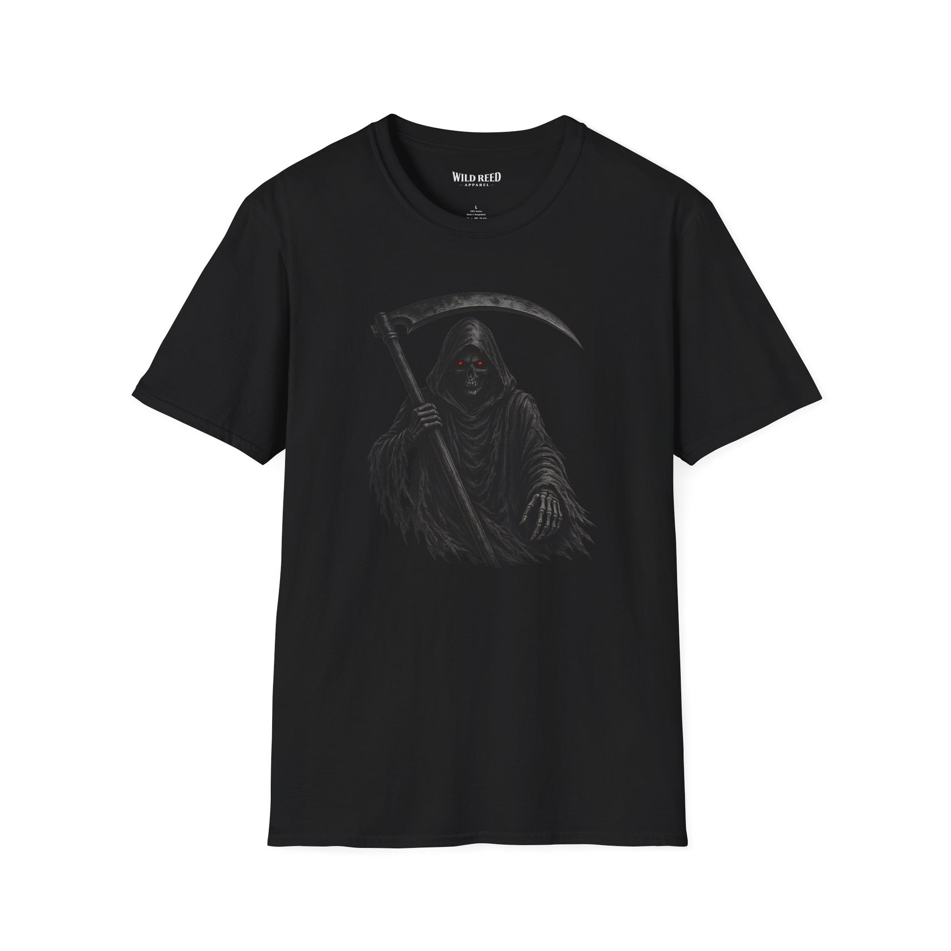 Black t-shirt with the grim reaper in black and dark gray tones and red eyes design
