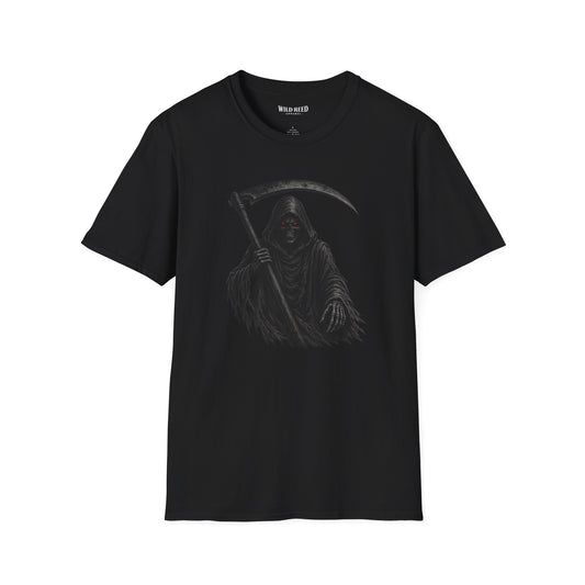 Black t-shirt with the grim reaper in black and dark gray tones and red eyes design