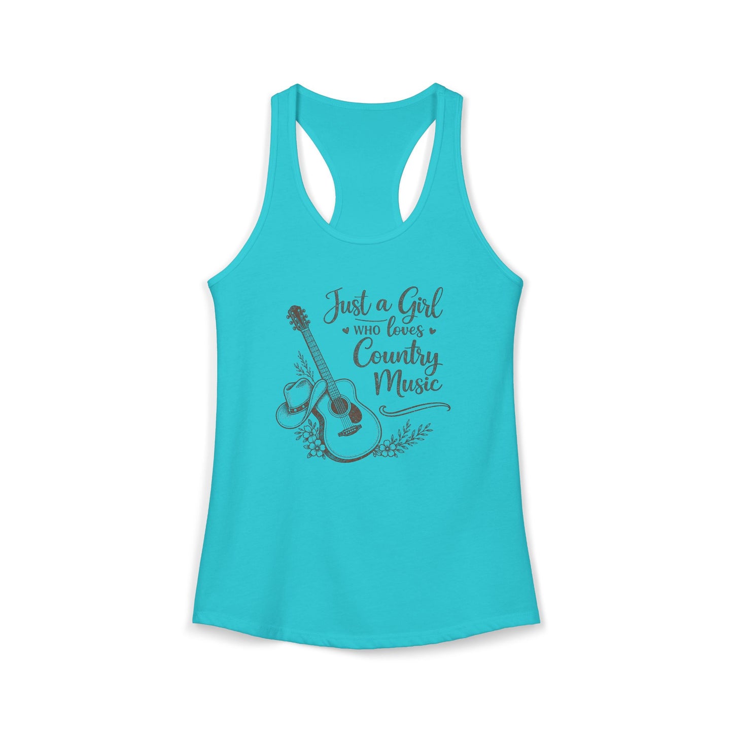 Turquoise 
racerback tank top with vintage Just a Girl Who Loves Country Music western guitar graphic 