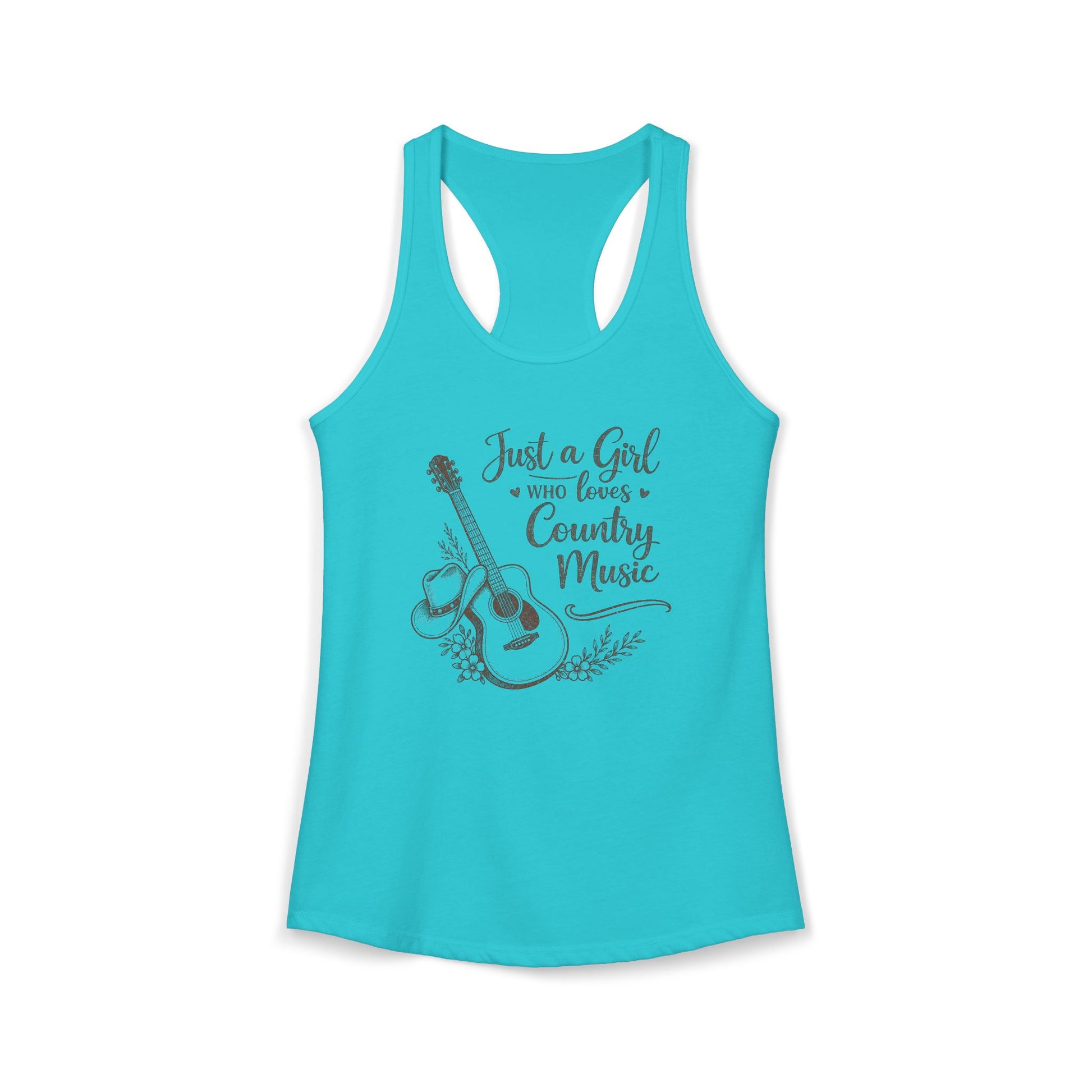 Turquoise 
racerback tank top with vintage Just a Girl Who Loves Country Music western guitar graphic 
