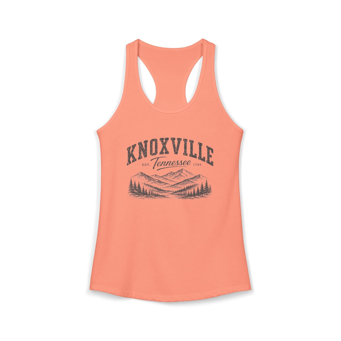 Coral racerback tank top with 'Knoxville, Tennessee' graphic on a white background