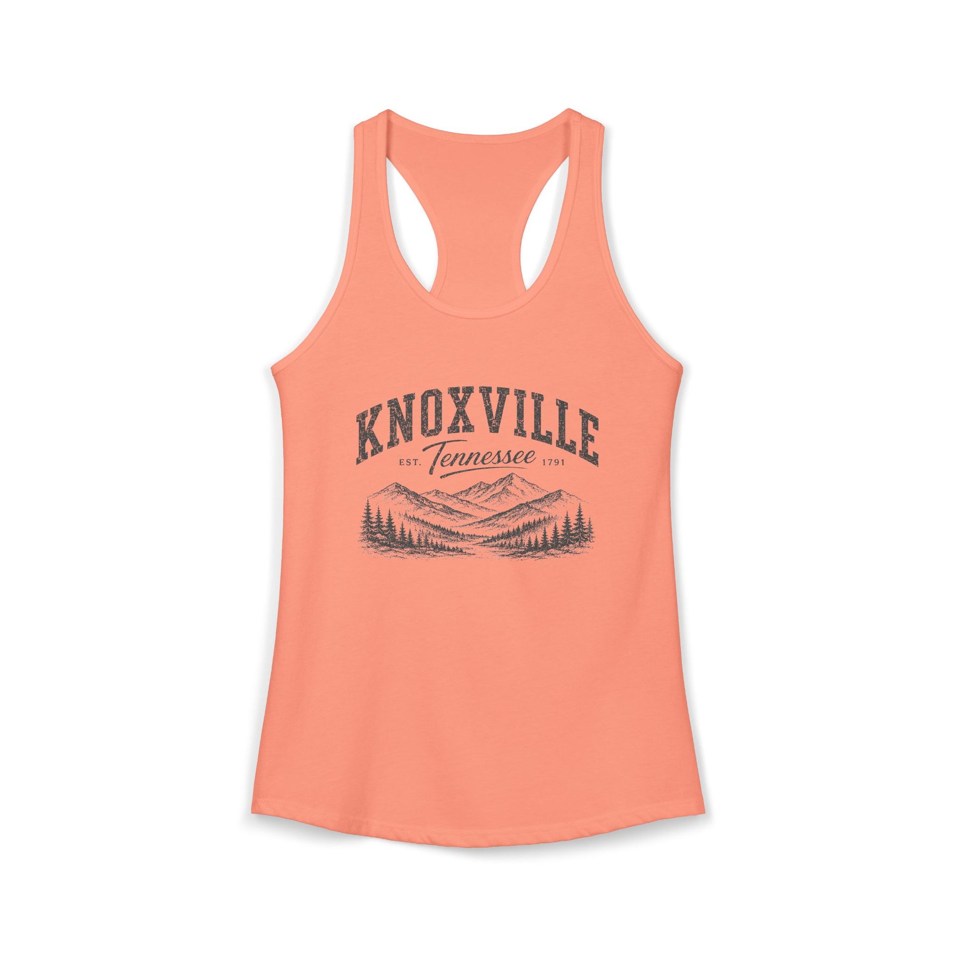 Coral racerback tank top with 'Knoxville, Tennessee' graphic on a white background