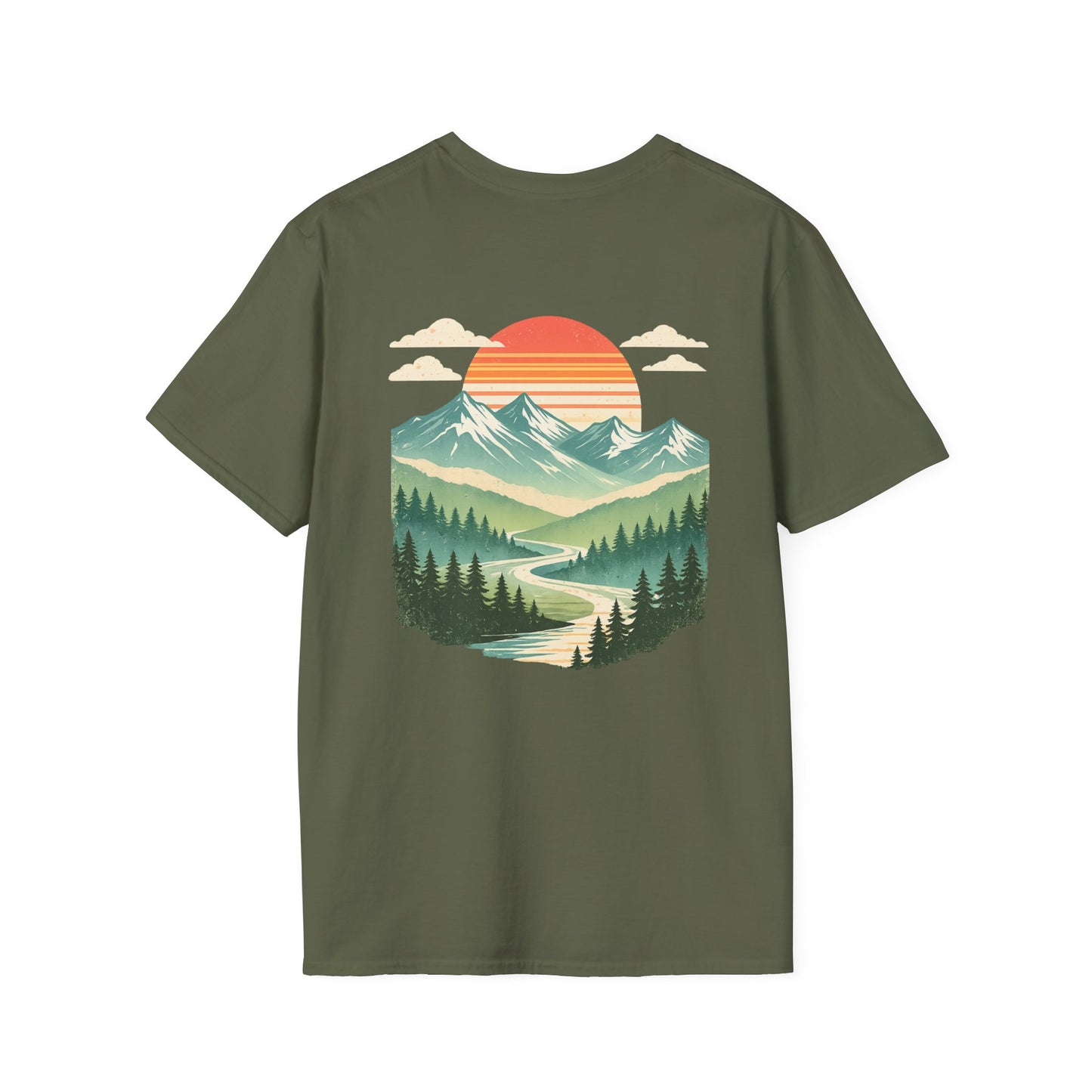 Retro Mountain Sunset Back Print T-Shirt | Vintage Outdoor Landscape Graphic Tee | Heritage Vintage Collection
