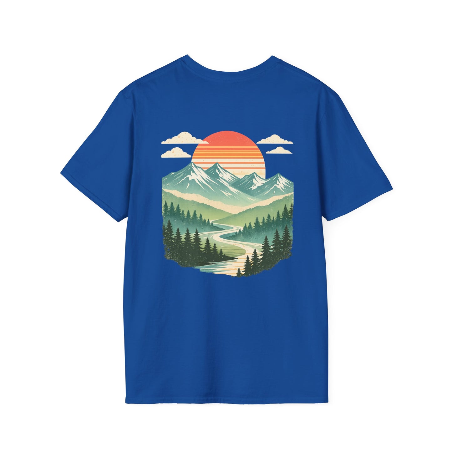 Retro Mountain Sunset Back Print T-Shirt | Vintage Outdoor Landscape Graphic Tee | Heritage Vintage Collection