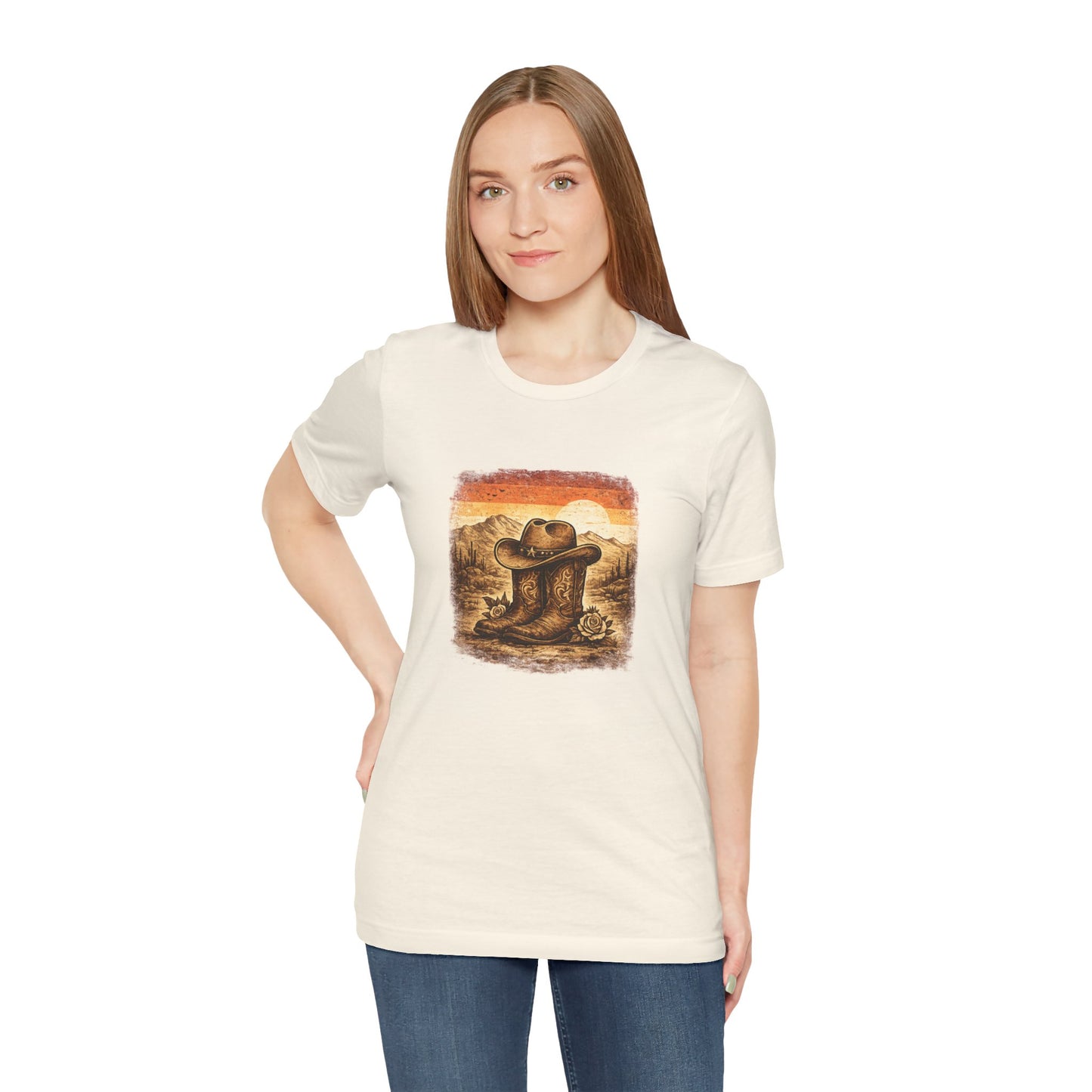 Cowboy Boots and Hat Western T-Shirt | Vintage Sunset Cowboy Graphic Tee | Western Chest Print Shirt