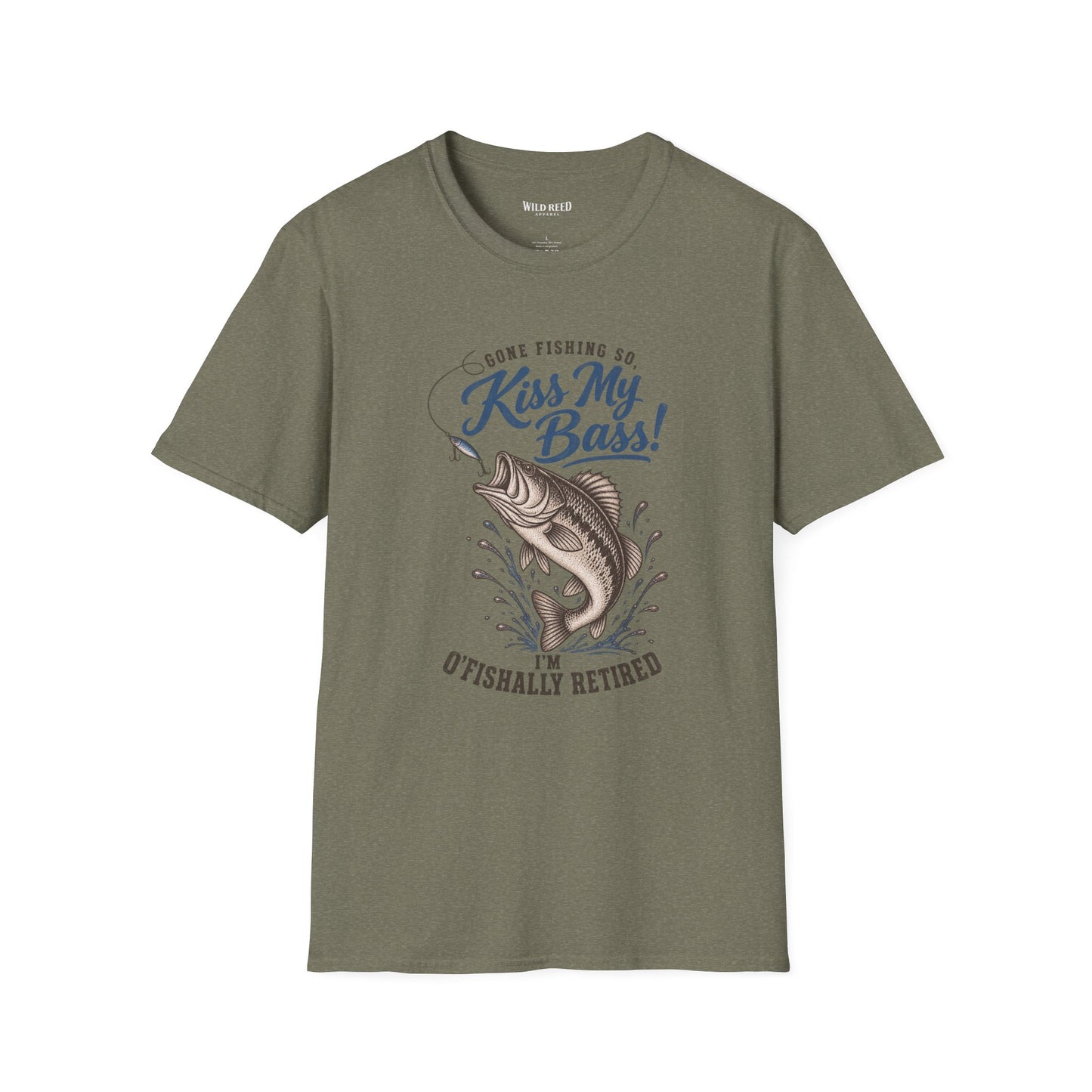 heather military green graphic t-shirt with a blue and brown fish design and the text 'Gone Fishing So, Kiss My Bass! I'm O'Fishally Retired