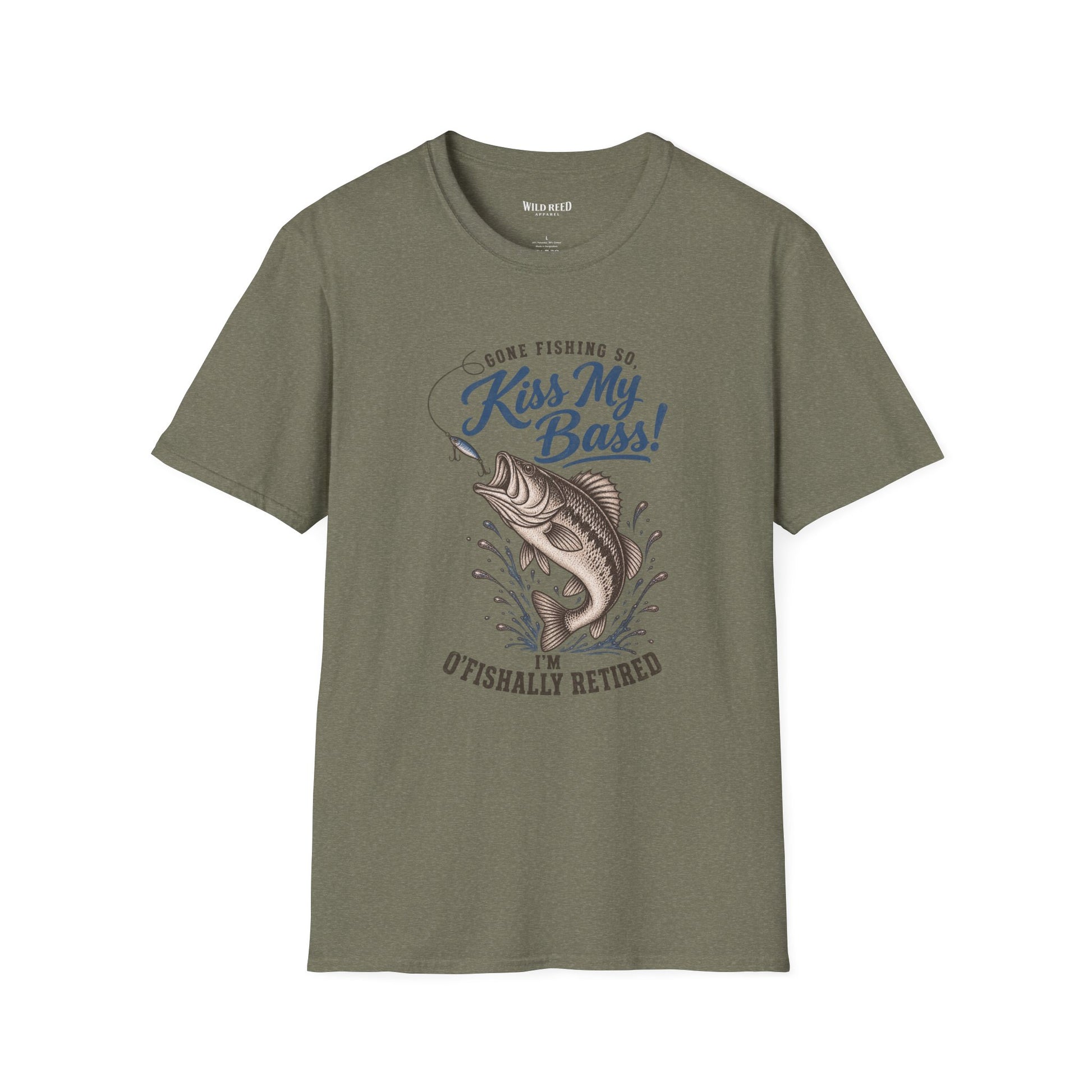 heather military green graphic t-shirt with a blue and brown fish design and the text 'Gone Fishing So, Kiss My Bass! I'm O'Fishally Retired