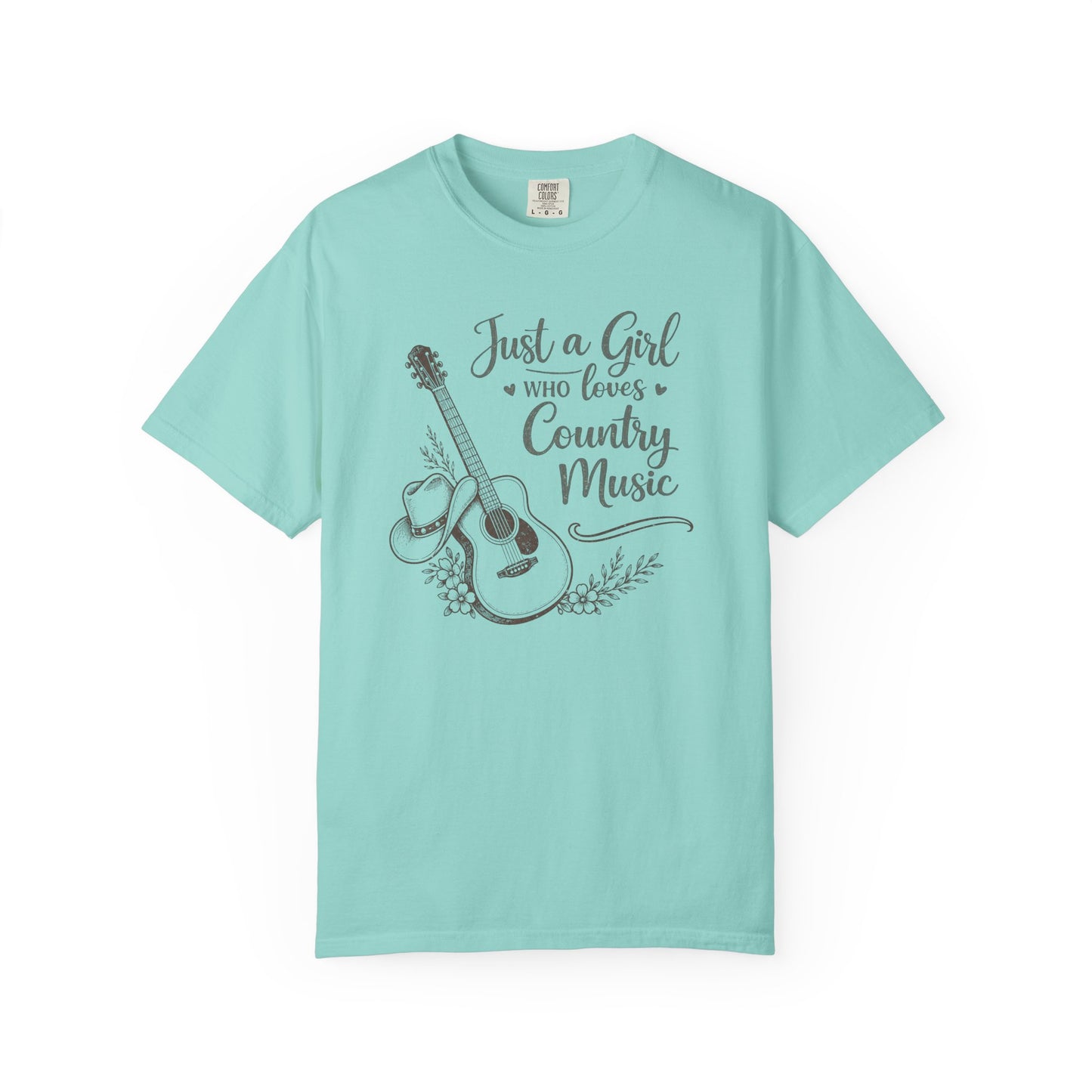 Light blue  t-shirt with a graphic of a guitar and text 'Just a Girl Who Loves Country Music' on a white background