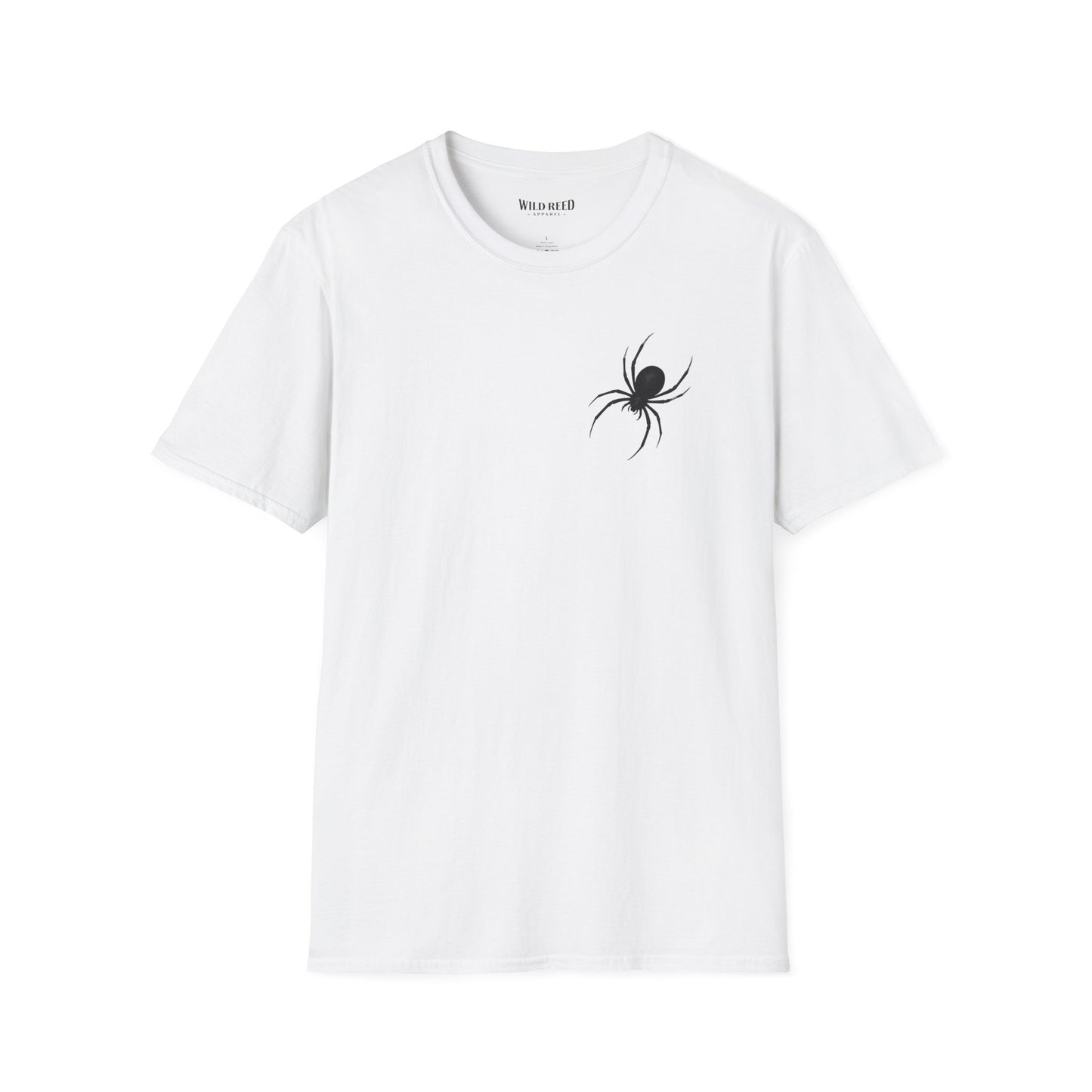 Black Spider graphic white tee with a subtle black spider chest print